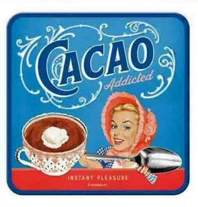 Retro Metal Coaster CACAO ADDICTED 1950's 9 x 9cm cork base Licensed CHOCOLATE - Foto 1 di 3