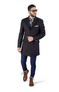 Solid Black Wool 3 Button Mens Overcoat Notch Lapel 3/4 Topcoat Slim Fit AZAR - Picture 1 of 6