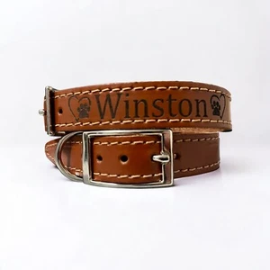 Real Leather Custom Dog Collars Paw Heart Print Personalized Pet Accessories ID - Picture 1 of 9