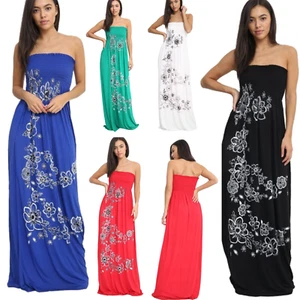 Women Ladies Sleeveless Sheering Boobtube Bandeau Floral Printed Long Maxi Dress - Picture 1 of 7