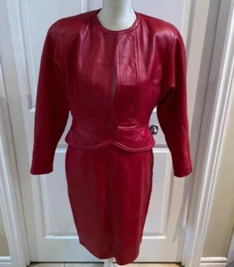Vintage Danier Red Genuine Leather 2 Piece Jacket Skirt Set Lined Size 10 Medium - Picture 1 of 12