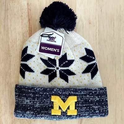 Michigan Wolverines Womens Hat Roll Cuff Fair Isle Design Cap Pom Stitched M - Image 1 of 4