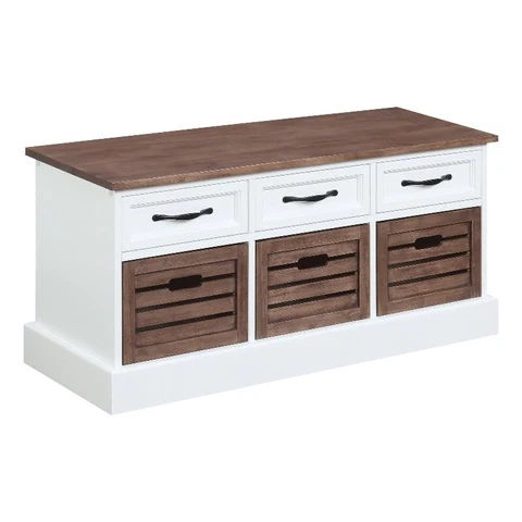 39 Inch Modern Storage Bench 3 Drawers Bar Handles Wood White Brown Cover