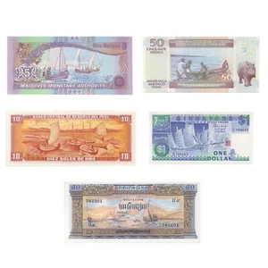 5 Banknoten | Schiffe | Kanu | Dhow Segelschiff | Boote | Fischernetzangeln - Bild 1 von 4