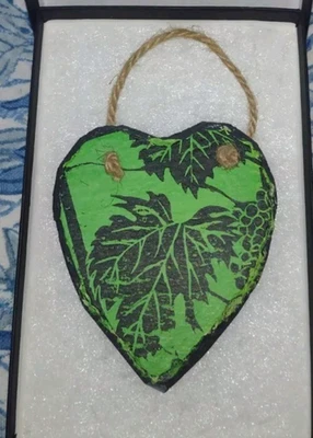 Linocut Print Botanical Grape Vine Green Slate heart Hanging Valentine Love Gift - Image 1 of 4