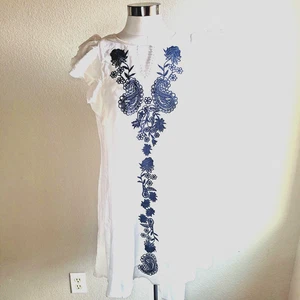 A-Line White Dress Sz L Embroidered Blue Cutwork Boho Cottagecore Cotton NWT - Picture 1 of 13