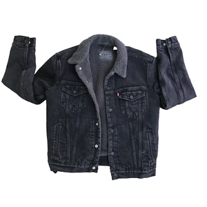 Levi's Denim Jean Black Sherpa Lined Snap Trucker Jacket Men Medium - Picture 1 of 14