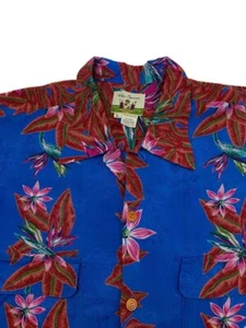 Reyn Spooner Hawaiian Shirt L Mens Blue Red Rayon Floral Leaf Aloha Vintage - Picture 1 of 5