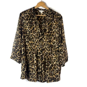 Charter Club Womens Tunic Top Size 3X Sheer Brown Leopard Button 3/4 Sleeve - Picture 1 of 10