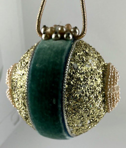 Vintage Gold & Green Bauble Christmas Ornament, Glitter & Pearl Like Beads, 3"