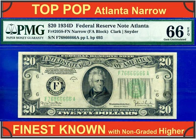 1934D $20 Federal Reserve Note PMG 66EPQ TOP POP highest graded Atlanta Narrow - Image 1 of 4