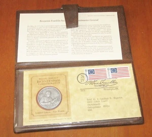 Moneda de peltre fino Benjamin Franklin 1975 con certificado de autenticidad Postmaster of America Bicentenario - Imagen 1 de 10