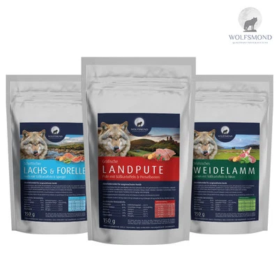 Wolfsmond 3 x 300 g Probepackung Hundefutter Lamm Pute Lachs Getreidefrei Frisch - Bild 1 von 4
