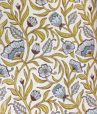 Tecido de algodão lona azul ouro marfim Scandi Mod floral decoração para casa cortina BTY - Imagem 1 de 2