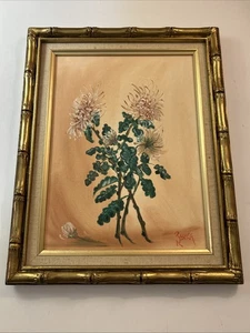 Vtg Floral Bamboo Frame Peach Green 20 x 16 Signed Outsider Art Gallery Wall - Picture 1 of 11