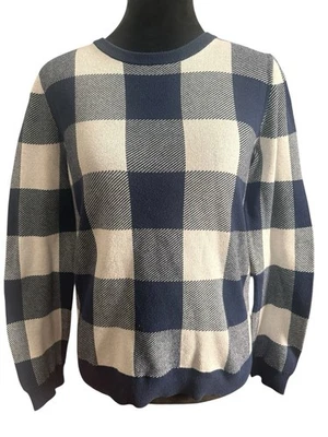 J. Suéter Crew Teddie gola redonda xadrez búfalo azul feminino tamanho médio M - Imagem 1 de 3
