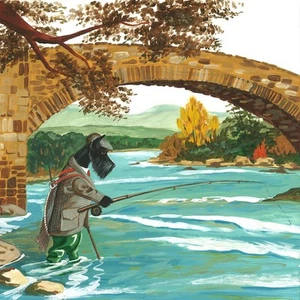 4x4 SCOTTISH TERRIER PRINT OF PAINTING RYTA FOLK SCOTTY SALMON FISHING TROUT ART - Picture 1 of 1