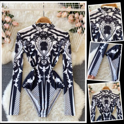 Macacão de luxo feminino gola alta manga comprida fino moda bodysuit - Imagem 1 de 4