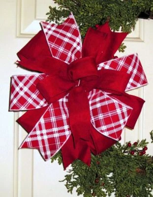 11 " TREE TOPPER DIAGNAL RED PLAID BOW WIRED RIBBON for DOOR WREATH # 156 rb - Image 1 of 3