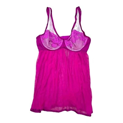 Cacique Hot Pink Lace Babydoll Lingerie 14 16 Underwire Sheer Nightwear Plus Sz - Image 1 of 4