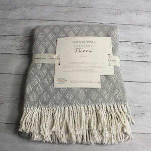 Made in Spain Throw Blanket Gray Cream with Fringe Cotton Blend - Picture 1 of 5