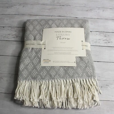 Made in Spain Throw Blanket Gray Cream with Fringe Cotton Blend - Image 1 of 4