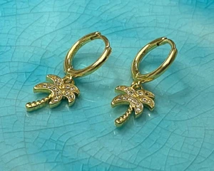 Coconut Palm Tree Dangle Hoop Earrings in 925 Silver•18K Gold Plated ∙A194 - Picture 1 of 15