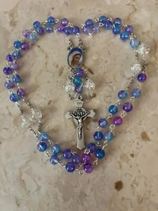 Handmade Blue/Purple Swirled Glass Medjugorje Catholic Rosary - Picture 1 of 5