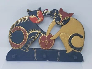 Indonesian / Balinese Handcrafted Cat Key Coat Hanger Playing with Ball - Picture 1 of 2