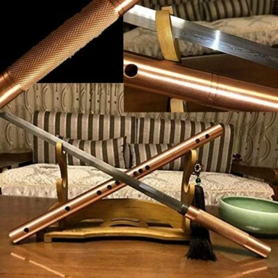 Exquisite brass flute damascus folded steel Sharp balde sword Purple copper saya - Image 1 of 4