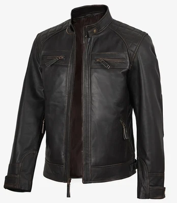 Men's Real Leather Distressed Brown Biker Style Jacket - Quilted Shoulder - Image 1 of 4