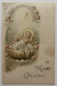 Antique 1910s Merry Christmas Postcard Baby Jesus in Manger Angels - Picture 1 of 2