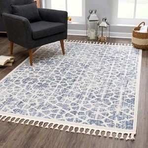 Teppich Art Skandi Look Blau Creme Kurzflor Fransen Wohnzimmer Schlafzimmer Flur - Bild 1 von 35