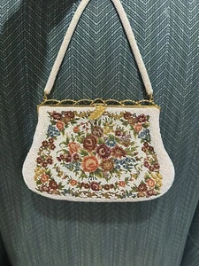 Vintage Handmade Beaded Needlepoint Tapestry Floral Purse Clutch Gold Frame - Picture 1 of 13