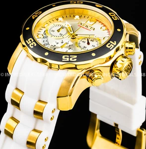 Invicta Mens Pro Diver SCUBA Chronograph 18Kt Gold Silver Dial White Strap Watch - Picture 1 of 8