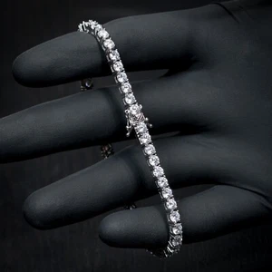 Silver White Gold Plated Solitaire Cz Iced 4mm Tennis Chain Bracelet For Men - Picture 1 of 4