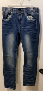 Men "True Luck" blue zip up denim jeans. Size 38 x 32 Prev. Owned - Picture 1 of 3