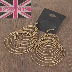 HUGE 4"long RETRO concentric GOLD/SILVER FASHION HOOPS bamboo BIG HOOP EARRINGS - Picture 1 of 11