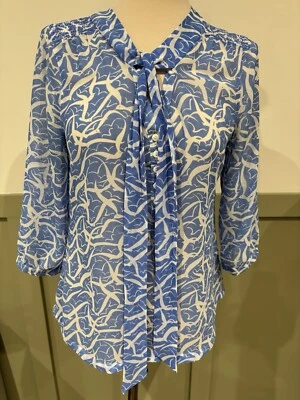 Crew Clothing Semi Sheer Blue/White Seagull Print Blouse Women's UK 10 Tie Neck - Image 1 of 4