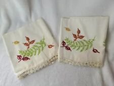 Vintage 2 Pillow Cases Embroidered & Crocheted LEAF PATTERN VIBRANT COLORS 50s?