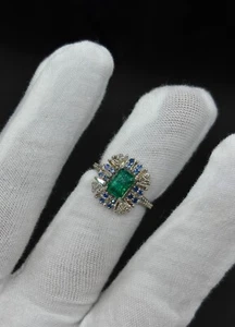 925 Sterling Silver Natural Emerald Diamond Blue Sapphir Women Ring Gift For Her - Picture 1 of 3