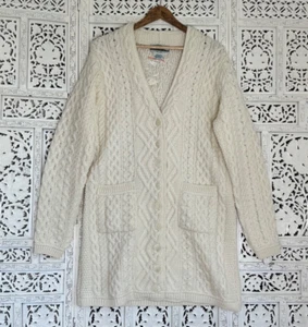 Aran Crafts 100% Merino Wool Chunky Cable Knit Grannycore Button Up Cardigan - Picture 1 of 6