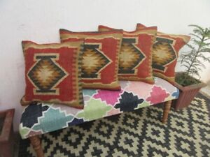 Set of 4 Square Multicolor Handmade Boho Wool Jute 45x45cm Kilim Cushion Covers