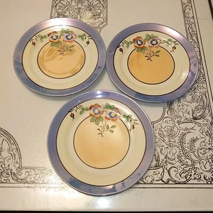 Vintage Lot of 3 Made in Japan Blue Floral Lusterware 7.25" Salad Dessert Plates - Picture 1 of 7