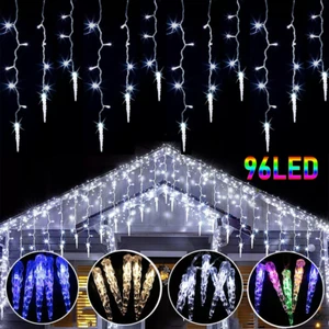 Christmas LED Icicle Falling Rain Curtain Fairy String Lights Outdoor Xmas Party - Picture 1 of 23