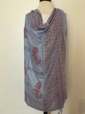 New Om Yoga Meditation Shawl Blue Scarf Light Cotton Hippie Nepal Handmade - Image 1 of 3