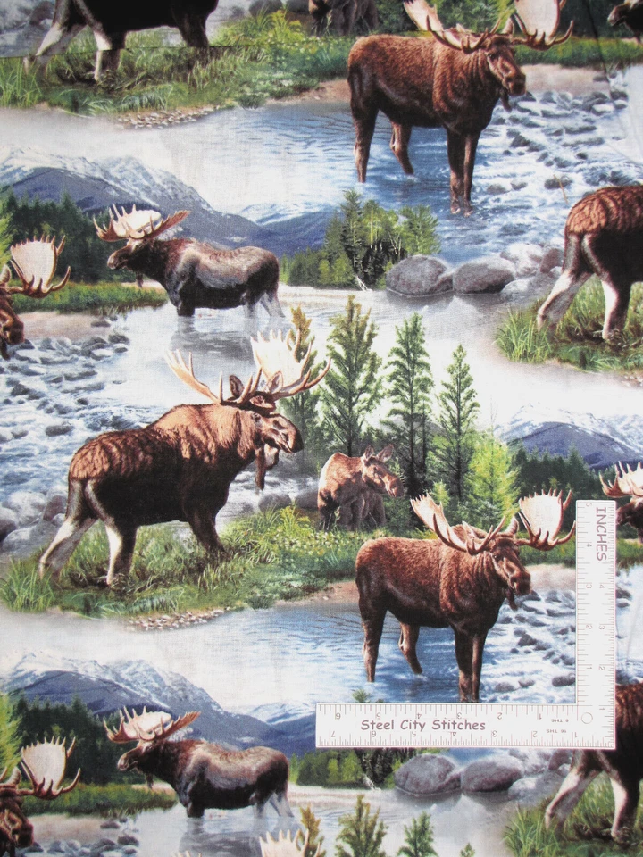 Moose Cow Animal Fabric DYE LOT 3 Lake Massepequa Cotton CP62287 23" Length - Image 1 of 1
