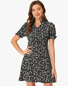 Mini ABITO donna Allegra K floreale collo a volant sbuffo manica corta chiffon taglia S - Foto 1 di 8