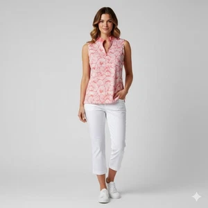 Tommy Bahama Golf Sleeveless XL Coral White Zip Mock Neck Tropical Shell Print - Picture 1 of 8