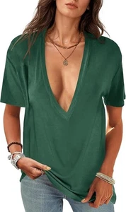 UNCLECAT Womens Deep V-Neck T Shirts Sexy Short Sleeve Tops Summer Oversized Tee - Picture 1 of 5
